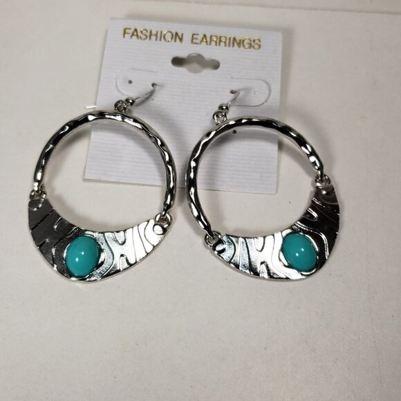 Textured Silver-Tone Hoop Drop Earrings w/ Turquoise Stone – Boho Dangle Jewelry - Picture 5 of 7